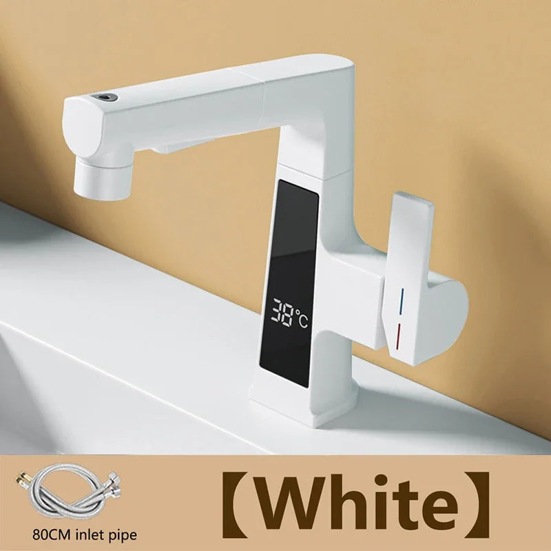 NEW Digital Display Pulling Faucet with Washing Gun Intelligent Temperature Sensor Brass Washbasin Taps Rotating Lifting Cold and Hot Water Mixer Tap Home Bathroom Kitchen Accessories