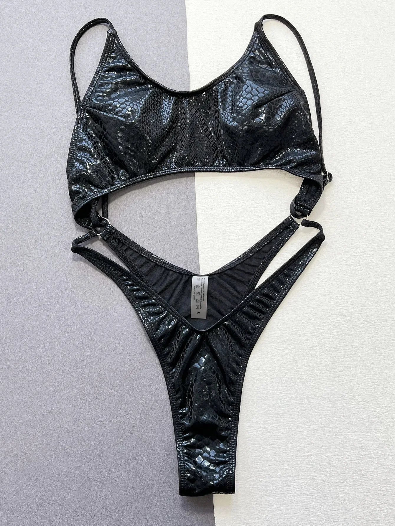 Women Black Snakeskin Metallic Sparkling Swimsuit One Piece Hollow Backless Bikini Swimwear Bathing Suit Beach Outfits Bodysuit Women Bathing Apparel Supplies
