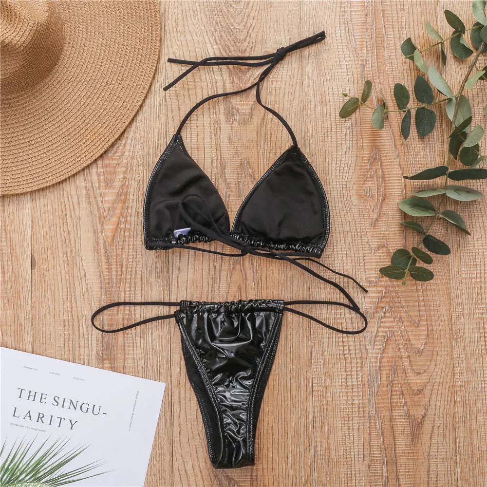 Cross border New Bright Leather Fabric Solid Color Triangle Cup Sexy Tie Up G-thong Bikini Hot selling Swimwear