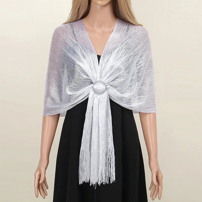 Sparkling Metallic Scarf with Buckle Female Evening Party Shawl Elegant Gold Silver Shiny Shawls for Bridal Wedding Wraps