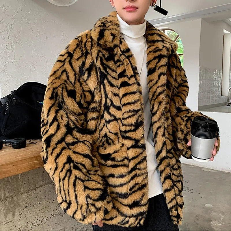 M-3XL Faux Fur Coat for Men Turn-Down Collar Tiger Leopard Imitate Fur Jacket Thick Winter Warm Snow Clothes Supplies Fluffy Plush Loose Jumper Outwear Gifts for Husband Boyfriend Lover Men Luxury Fashion Clothing Products