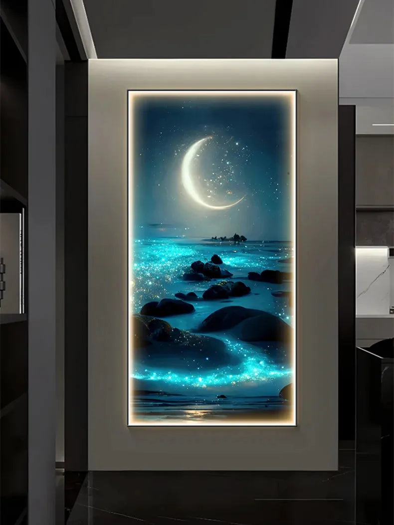Entrance Decoration Light Painting Moon Corridor Hanging Painting Light Sea Home Living Room Mural Light Ocean Waves Wall Lamp