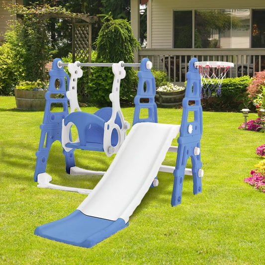 NEW Arrivals Children Toddler Swing and Slide Set with Basketball Hoop  Garden Climbing Frame, Outdoor Indoor Large Slide Swing , Pink & Blue Color Kids Sport Games Toys Supplies