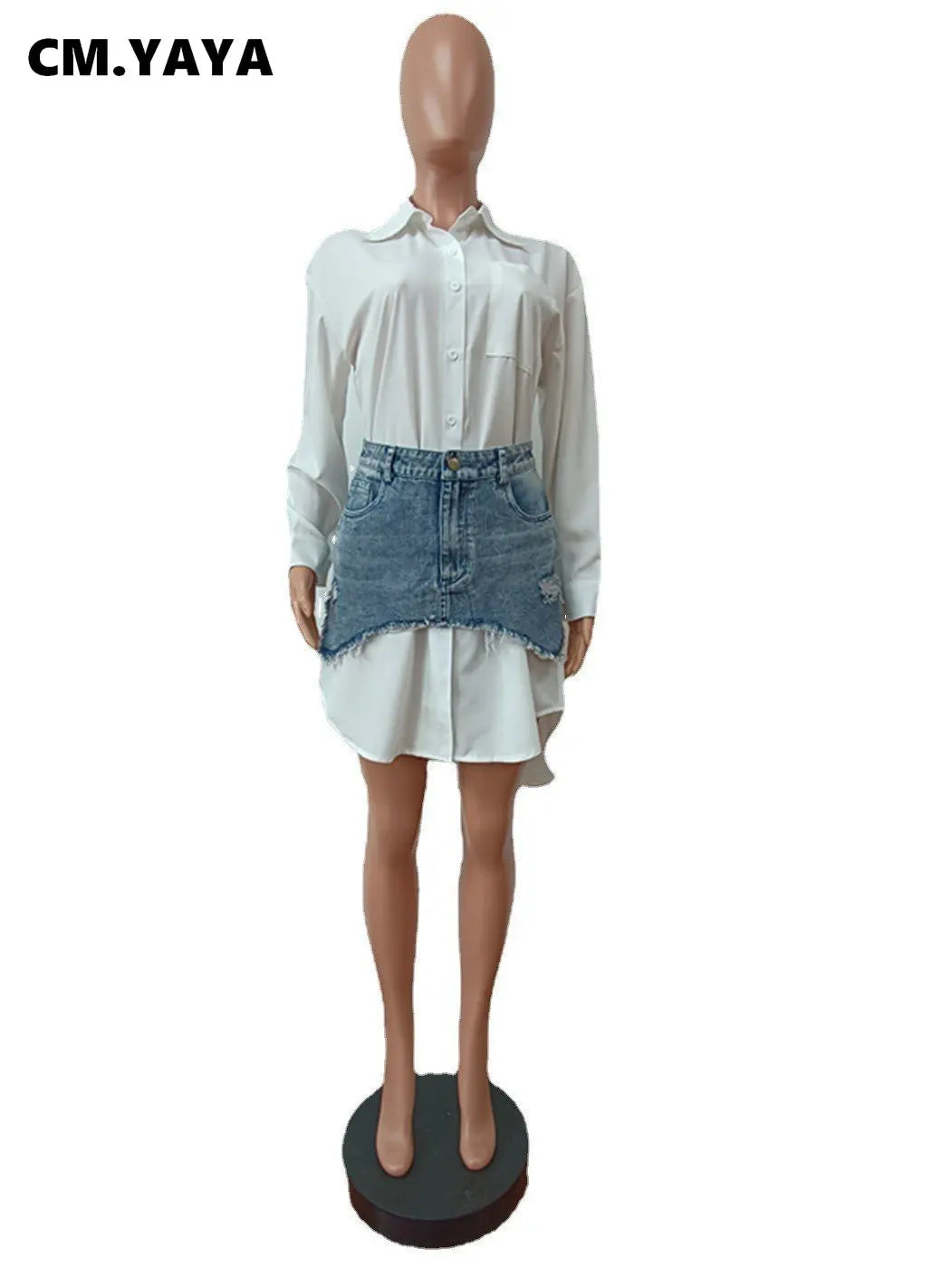 Vintage Women Long Sleeve Turn-down Collar Shirt Blouse Style Dress with Denim Jean Irregular Mini Skirt Two 2 Piece Set