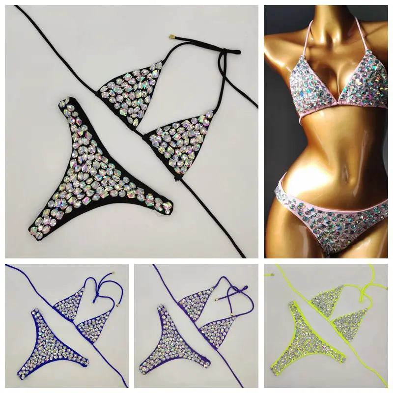 NEW Arrivals Luxury Shiny Diamond Bikini Set Summer Beach Push Up Halter Swimsuit Female Crystal Swimwear Women Brazilian Bikini Ladies Sexy Beach Wear