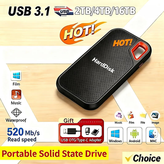 Original 30TB Hard Disc Mass Storage SSD 16TB  USB3.1 Type-C Portable Solid State Drive  For Notebook/MAC/Phone