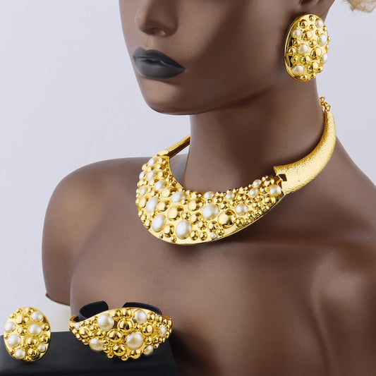 Dubai 24k Gold and Silver Plated Jewelry Set Luxury Women Original Necklace Earrings Pearl Bracelet Ring Bridal Evening Wedding Party Business Dinner Red Carpet Jewelry Luxury Gift for Wife Girlfriend
