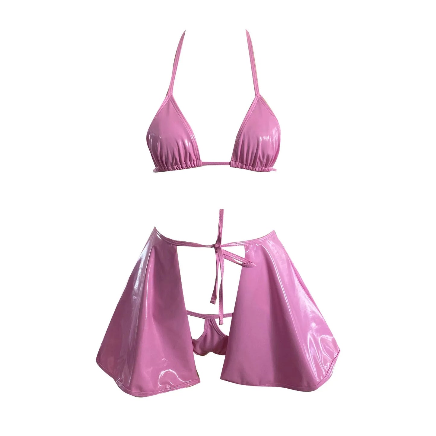 New Light Pink Bright Leather Fashion Neck Bra Thong Skirt Sexy Three Piece Swimsuit Trendy Bikini for Women Cat Bikini