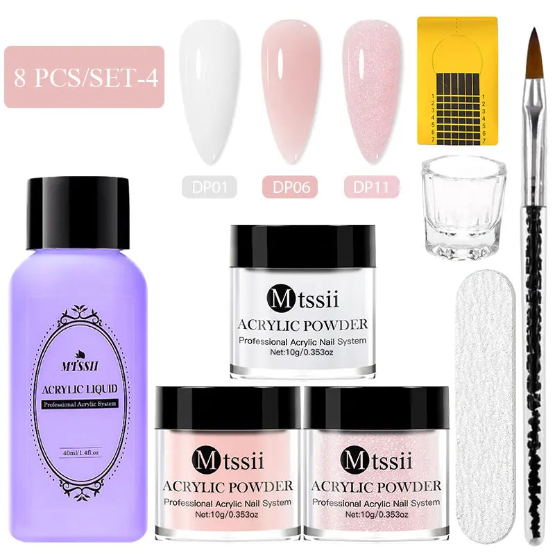 8pcs Nail Acrylic Powder Liquid Set Clear Nude Pink Monomer Liquid Set With Nail Brush For Nails Extension Carving Flower DIY Women Beauty Salon Spa Accessories Nail Care Tools Set