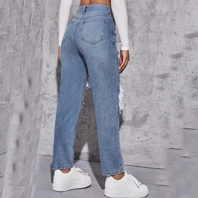 NEW Arrivals Women Jeans Distressed Straight Pants Ripped Denim Washing Ankle Length Holes Pockets High Waist Zipper Fly Flat Streetwear Solid Color Girls Casual Fashion Clothing Products