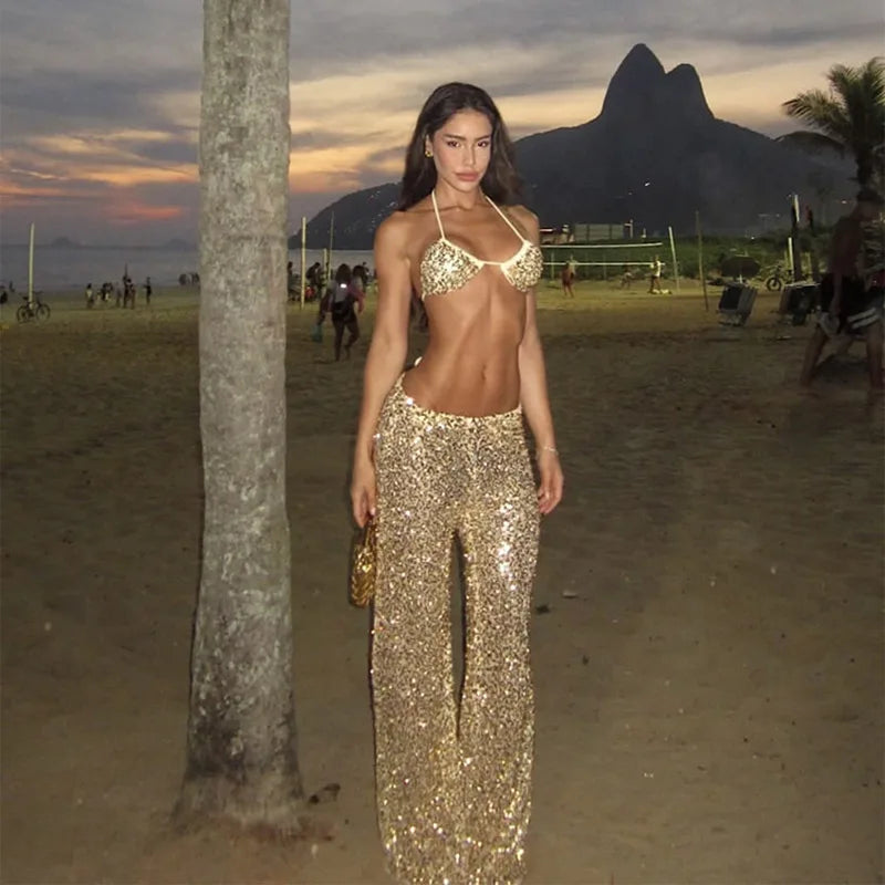 2 PCS Set 3 Colors UK Size Sexy Sequined Bikini Pants Set Women Sleeveless Backless Halter Cropped Top Wide Leg Pant  Summer Evening Beach Holiday Party Suit