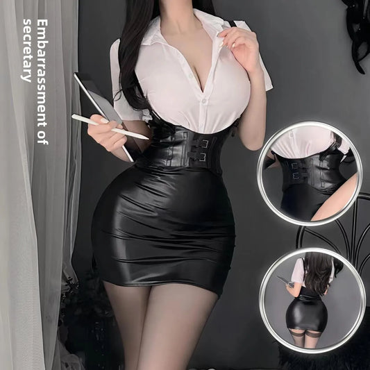 Muse Orange Sexy Lingerie Secretary Shirt Tempting Mini Skirt Sexy Set Women's Teacher Uniform Role Play Skirt + Top Private Occasions Only