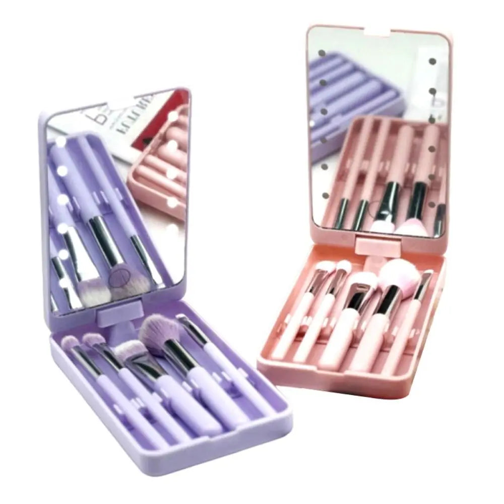 NEW Rotatable Mirror Travel Make-Up Brush with LED Light Adjustable Brightness with 5pcs Brush LED Makeup Mirror Brush Set Foldable Women Cosmetic Sets