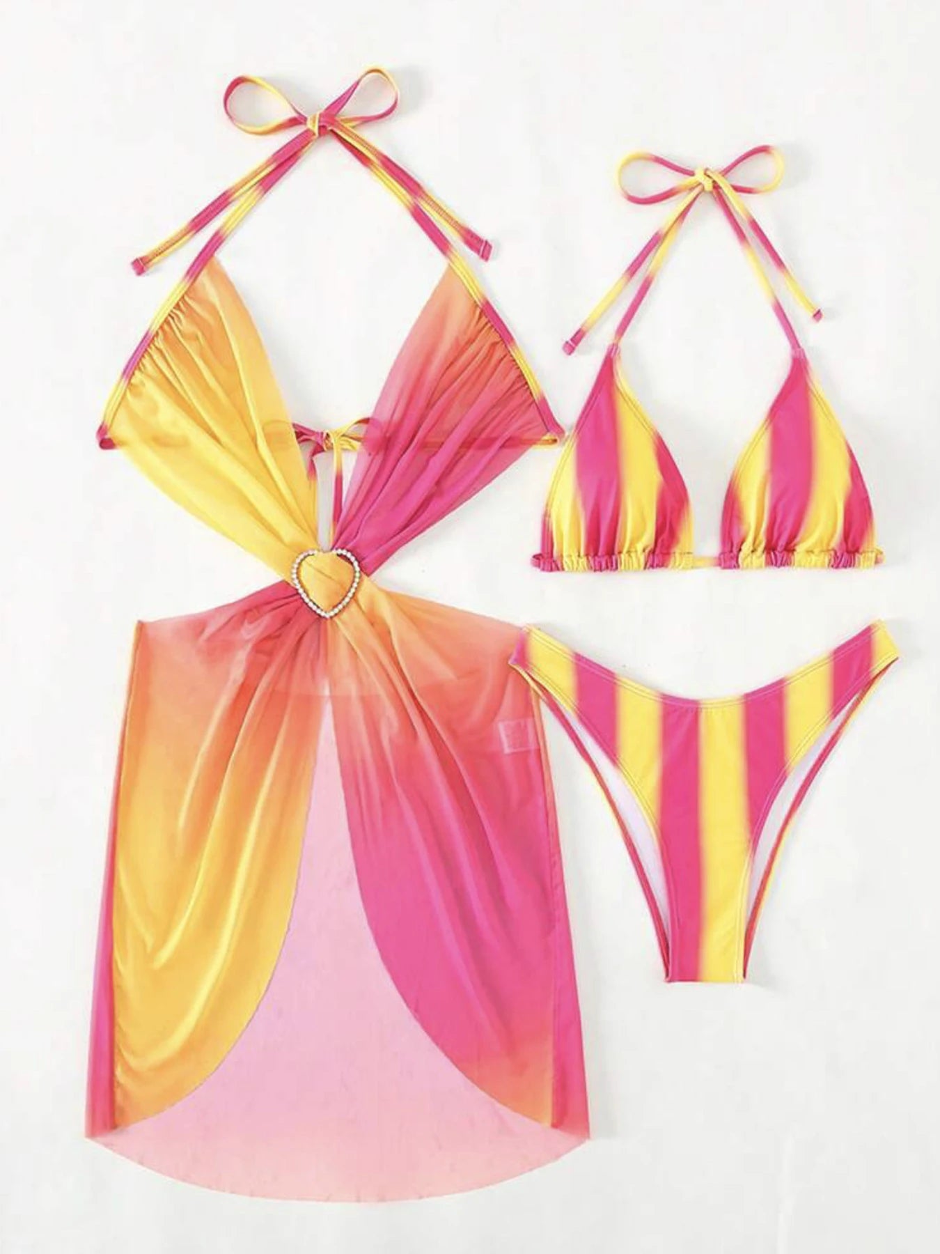 New Sexy Gradient Color Three Pieces Bikini Set Swimsuit For Women Mesh Skirt Bathing Suits Summer Beach Wear Swimming Suit