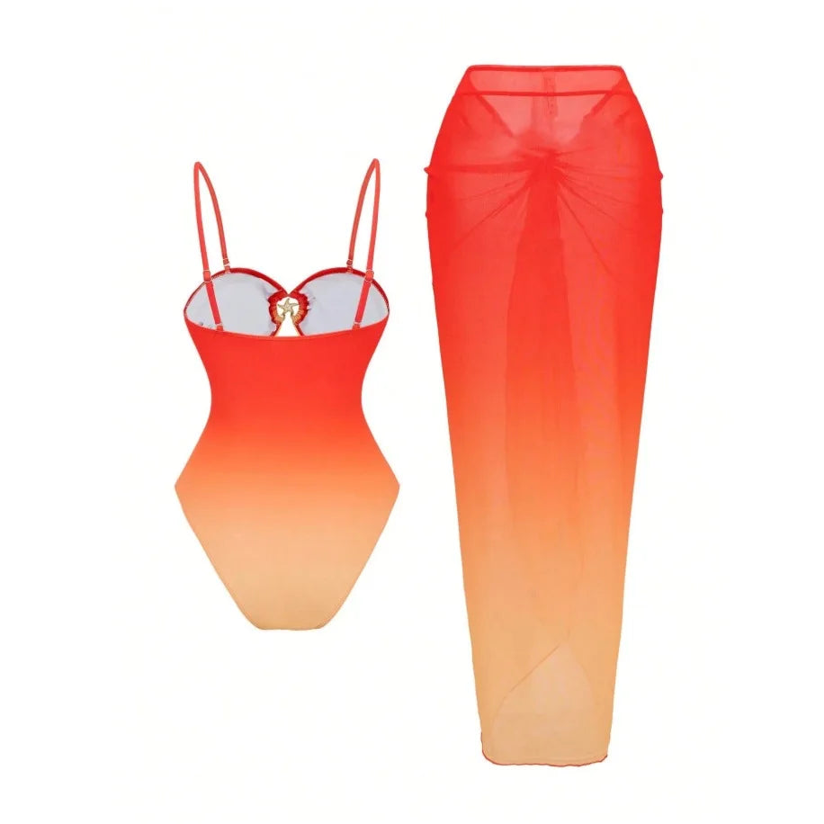 2 PCS Set 3 Colors Sexy Swimsuit Women's Bathing Suit Strap Net Skirt Integrated Swimwear with Skirt Cross-Border Summer Beach Swimsuit Apparel Sets