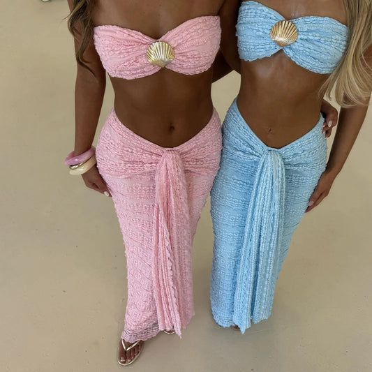 NEW 2PCS Set Sexy Club Party Beach Clothes Women Summer Shells Strapless Bandeau Crop Top + Tie Front Maxi Skirt Coquette Outfits