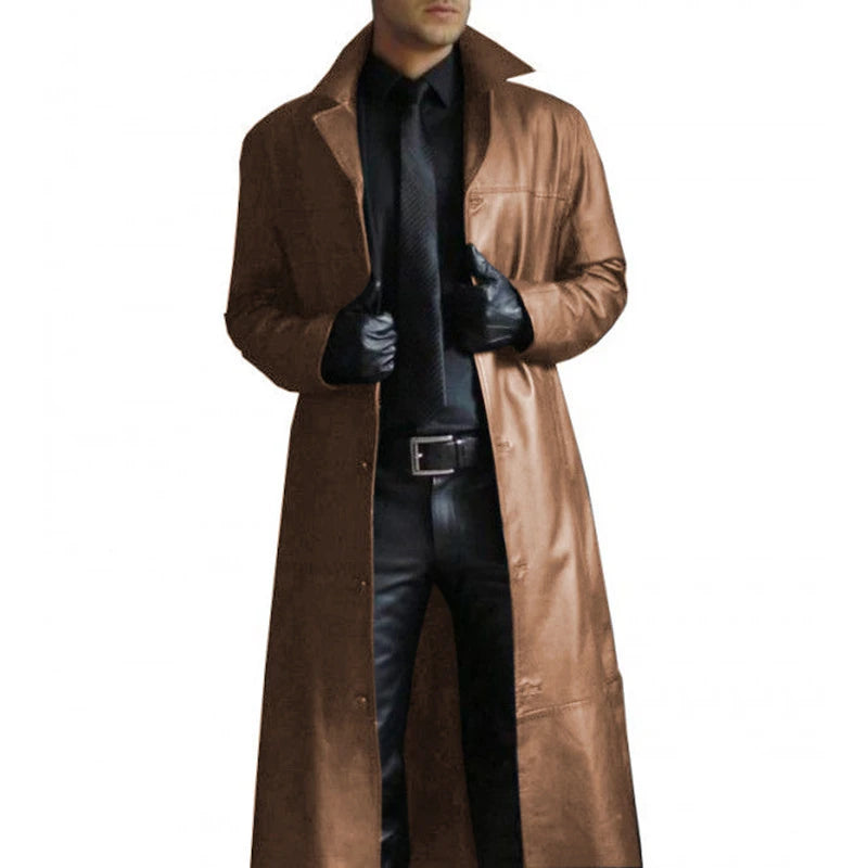 NEW Arrivals S-5XL Plus Size Men Jacket Turn-Down Collar Smooth PU Leather Men Fall Coat Windproof Streetwear Slim Fit Long Sleeve Men Trench Coat