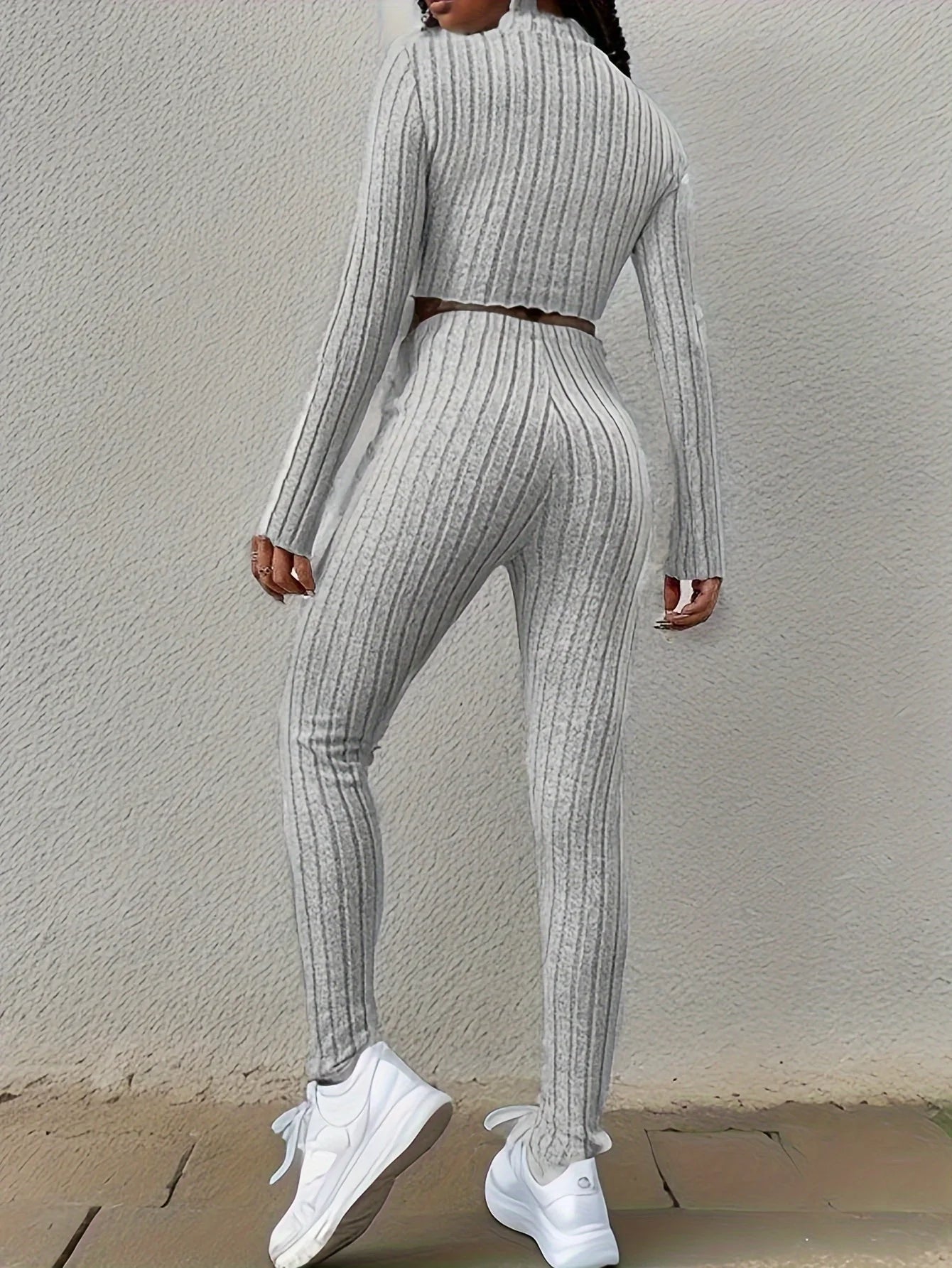 NEW 2 PCS Set S-XL Size Gray Casual Ribbed  Lettuce Trim Mock Neck Long Sleeve Top & Elastic Waist Pants Outfits, Women's Sports Clothing