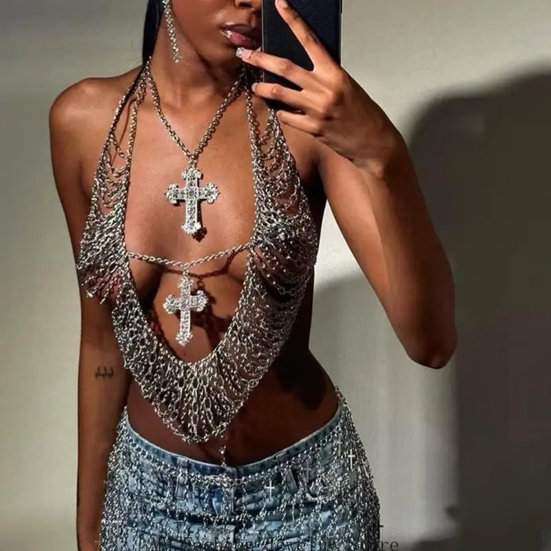 Sexy Hot Girl Fashionable Women's Crosses Charm Body Chain with Sparkling Rhinestones Halter Top for Beach Vacations Music Event,  Evening Rave Beach Party Night Clubwear Clothes
