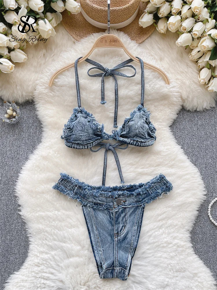 SINGREINY Beach Sensual Denim Sets Women Halter Straps Camis+Raw Edge Mini Briefs Underwear Fashion Lingerie Retro Erotic Suits