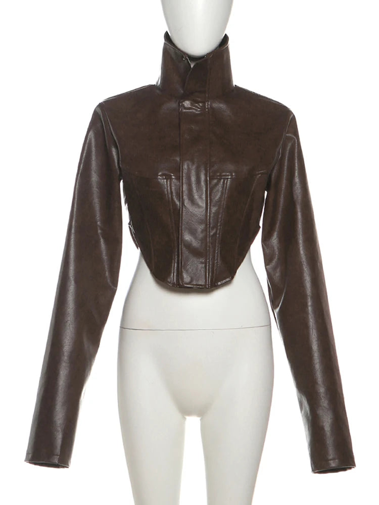 UK Size Brown/Black Color Wild PU Leather Irregular Crop Jacket Women Turtleneck Zip Button Full Sleeve Sexy Hottie Street Midnight Club Hipster Coat