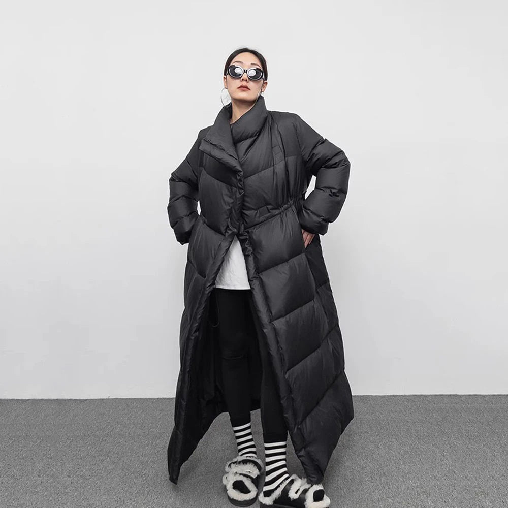 NEW Arrivals S-2XL UK Size Black/Brown Winter Warm Windproof  Tibetan Large Lapel Long Down Jacket Overcoat Women 90 White Duck Down Loose Knee Length Bread Cotton Quilt Jacket Down Coat