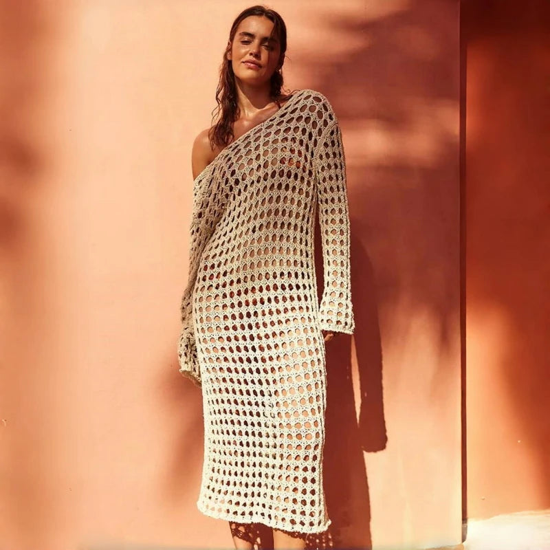 NEW Arrivals UK Size Beige/Orange Para Praia Hollow Out Knitted Long Dress Beach Dress Bikini Cover Swimwear Cover Ups Sexy Beach Outfits for Women Beachwear