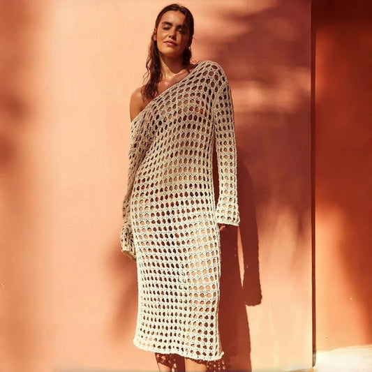 NEW Arrivals UK Size Beige/Orange Para Praia Hollow Out Knitted Long Dress Beach Dress Bikini Cover Swimwear Cover Ups Sexy Beach Outfits for Women Beachwear