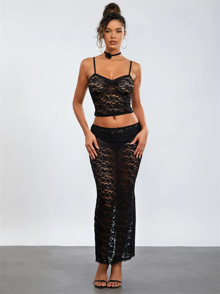 Two Piece Sets Women See Through Lace Bikini Cover Ups Camis Tops + Hollow Out Long Skirts Summer Club Beach Sexy 2Pcs Set