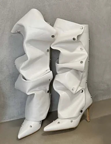Just Arrived 7 Colors High Heel Long Boots for Women Botte Winter Boots Shoes Botas Mujer Thin Heeled Pointed Leather Denim Metal Button Shoe s Women Casual Apparel Accessories