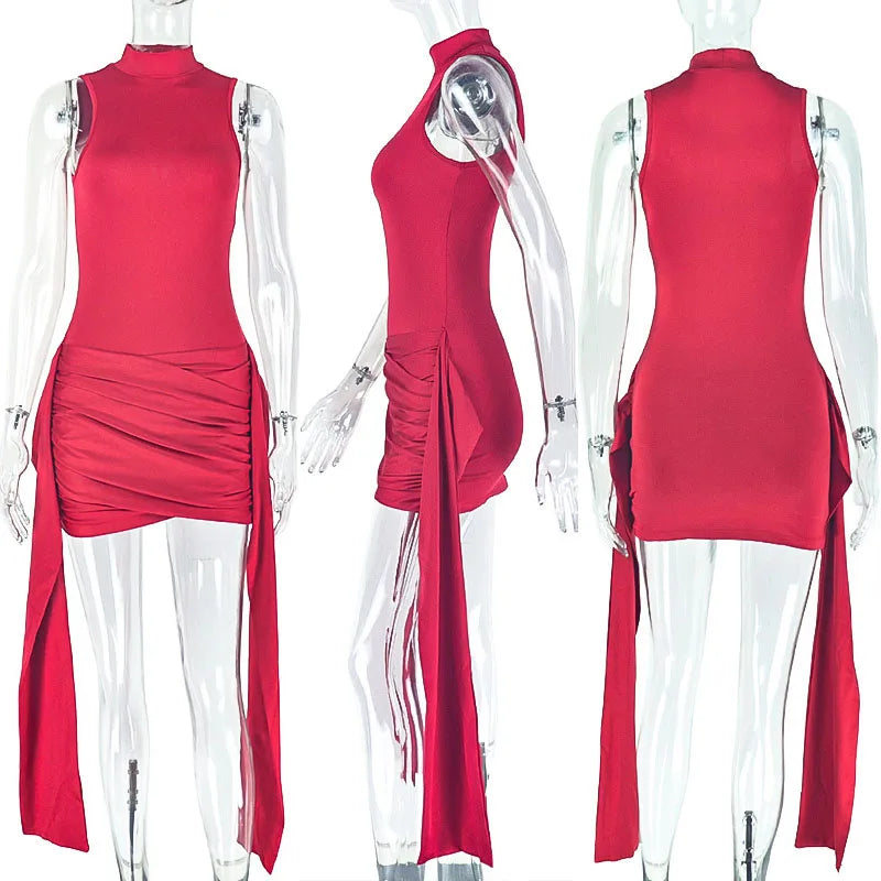 UK Size Black/Red Color Solid Ribbon Ruched Party Short Dresses Women Elegant Night Club Wear Stand Collar Sleeveless Sheath Slim Fit Bodycon Mini Dress