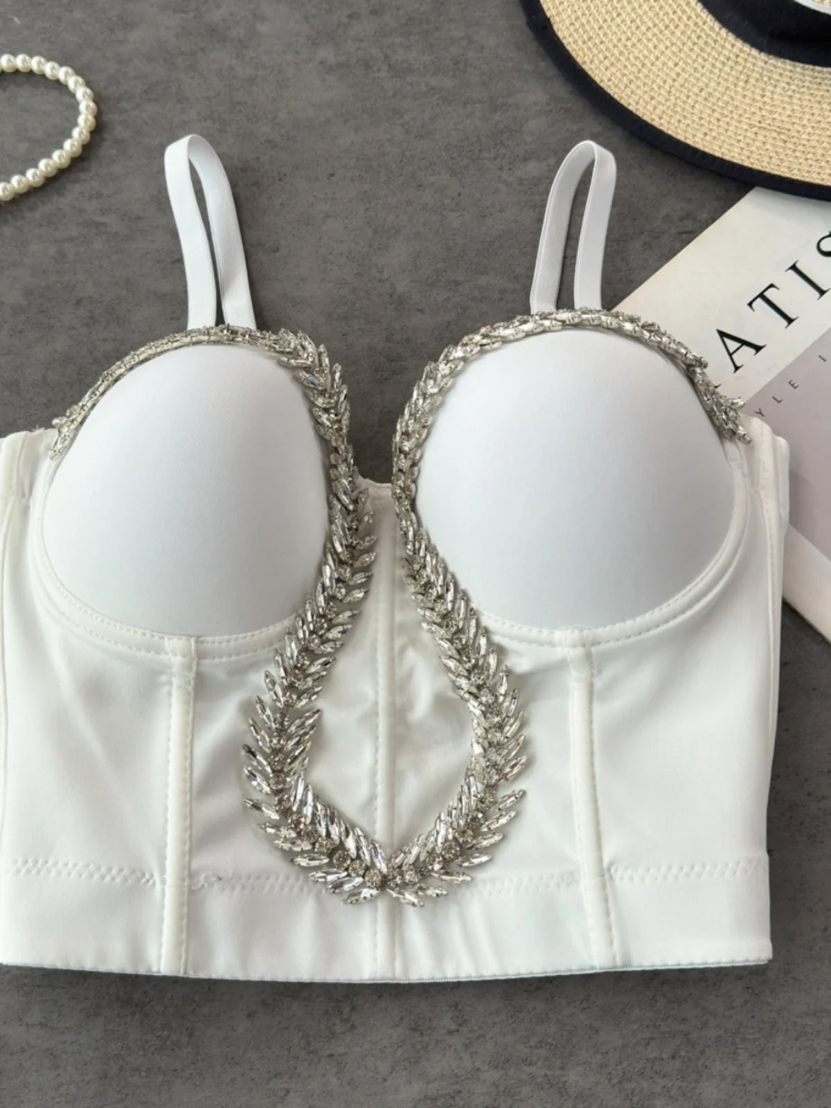 Luxury Rhinestone Chain Suspender Camis Women Girls Sexy Short Cut Exposed Navel Chest Pad Top Gathered Bra Summer Fashion Outwear Crop Tops Female Ladies Luxury Underwear Tops Fashion Clothing Supplies