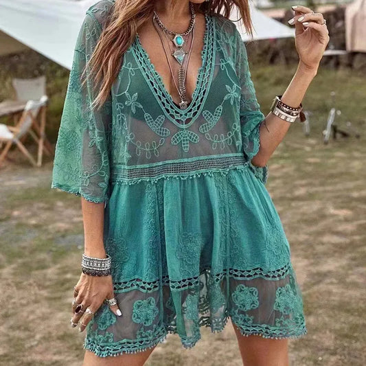 Swimsuits Woman 2023 Sexy Beach Cover Up V-neck Women Beach Tunic Dress Sarong Bikini Cover Up Crochet Top For Women Beachwear