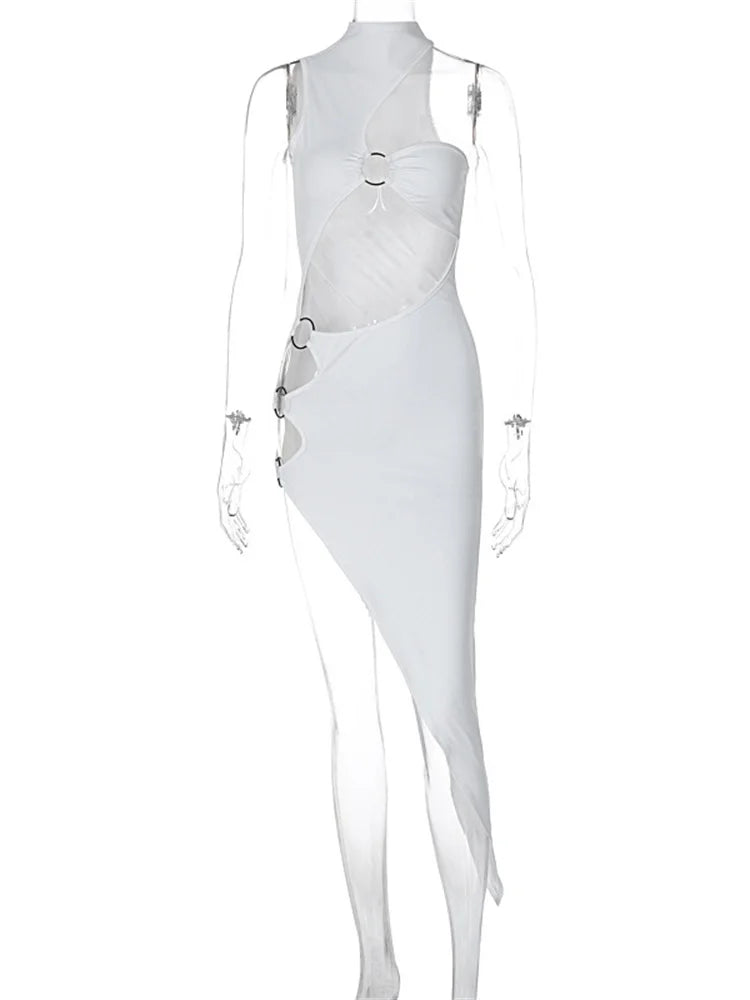 NEW Arrivals UK Size White/Black Sexy Rings Patchwork Dress Women Sexy Irregular Hollow Sleeveless Spring Summer Evening Beach Party Midnight Hottie Night Club Party Hipster  Slits Long Bodycon