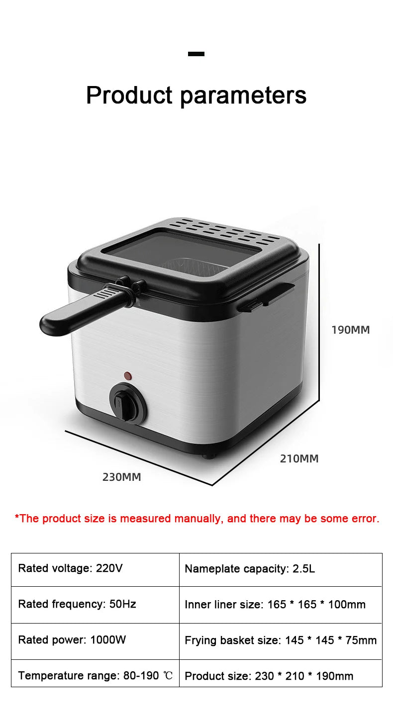 2.5L Electric Deep Fryer Oil Oven Hotpot Adjustable Thermostat Fried Chicken Grill French Fries Frying Machine Heating Cooker