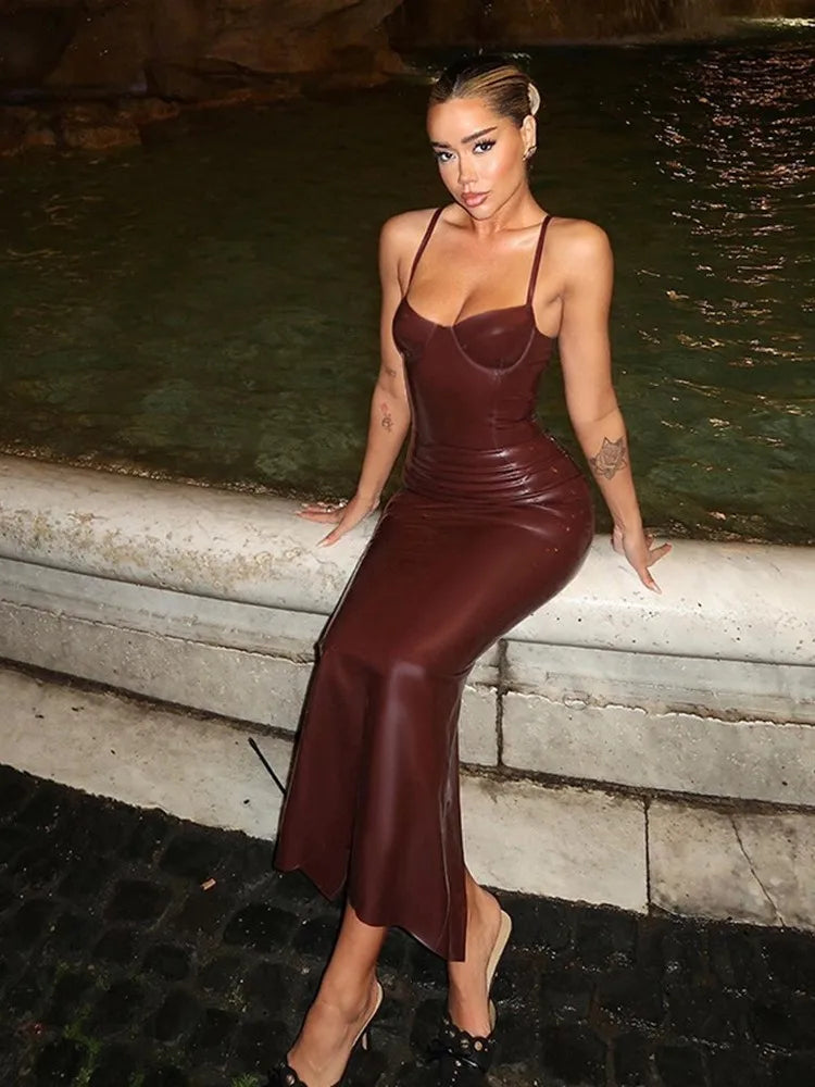 NEW Arrivals UK Size 3 Colors/Patterns Sexy Leather Sling Dress Women Solid Sleeveless Hip Package High Waist Long PU Dresses Spring Autumn Ladies Sexy Fashion Clothing Supplies