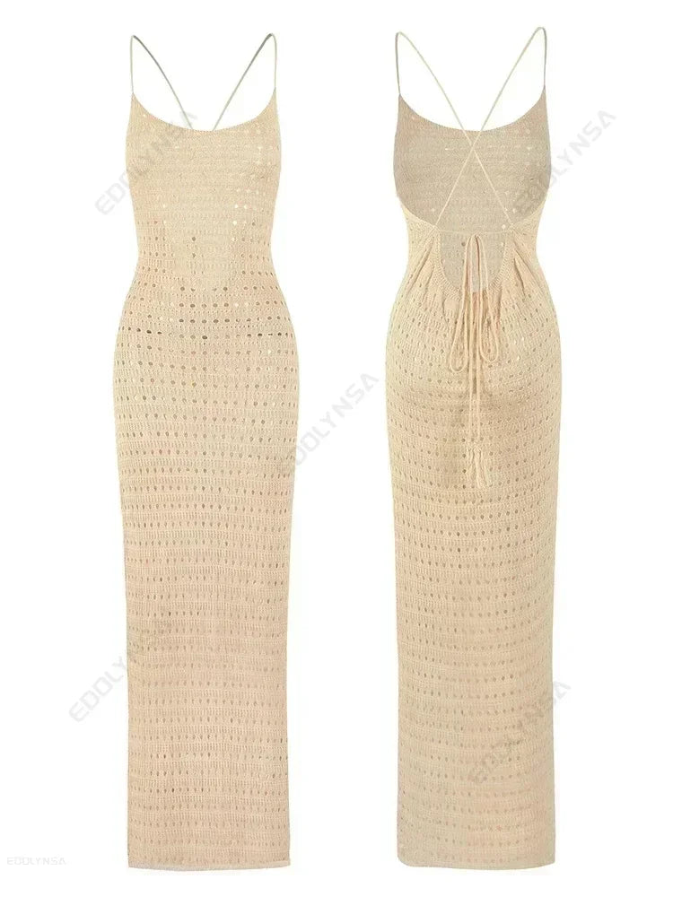 NEW Arrivals UK Size 6 Colors Sexy Knit Cut Out Tassel Spaghetti Strap Bodycon Evening Beach Party Maxi Dress Summer Women's Holiday Club Party Outfit Swimsuit Cover Up K10