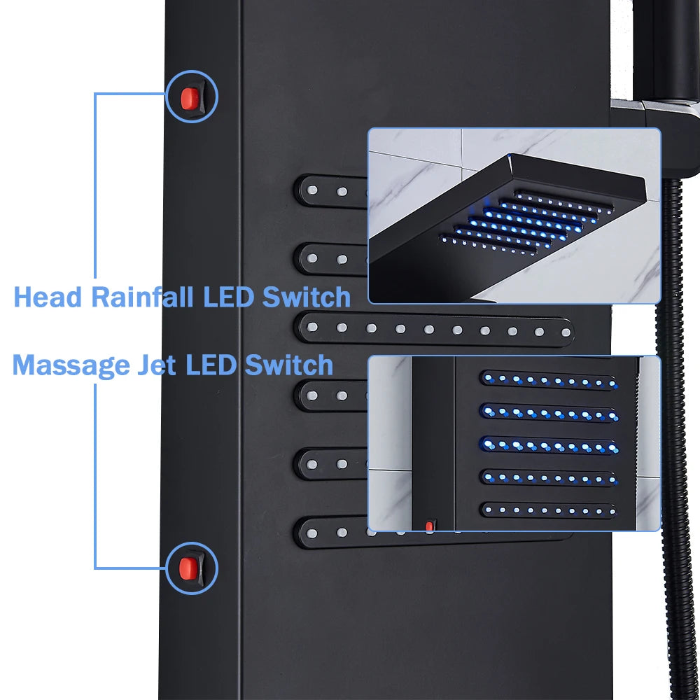 Silver Nickel and Black Color Luxury Massage Spa Shower Column LED Lights Rainfall Bathroom Faucet with Massage Jet Bath Panel System  5 Modes Waterfall Hot Cold Mixer Tap Home Hotels Bathroom Supplies