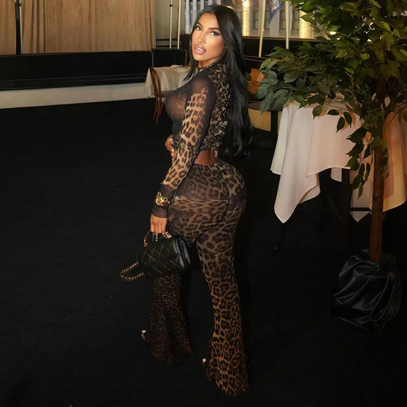 NEW Arrivals 2PCS Set Cheetah Women  Matching Long Sleeve O-Neck Crop Tees and High Waist Slim Pants Leopard Sets Sexy Female Evening Nightclub Party Outfits Girls Ladies Luxury Fashion Clothing Supplies