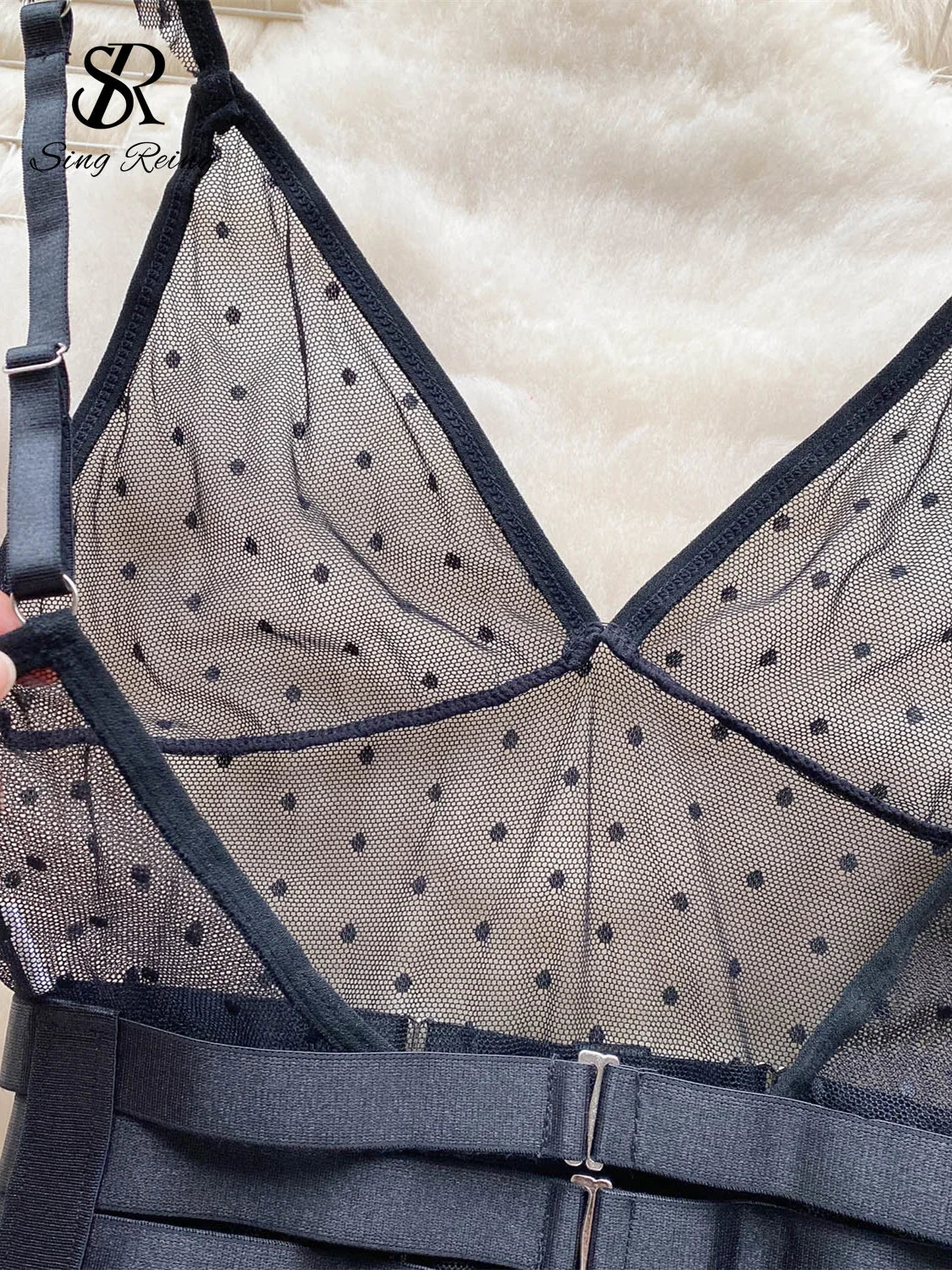 Sheer Round Dot Sexy Bodysuits Women Halter Ruffles Belt Slim Lingerie Little Devil Apparel Erotic Porn Mesh Playsuit