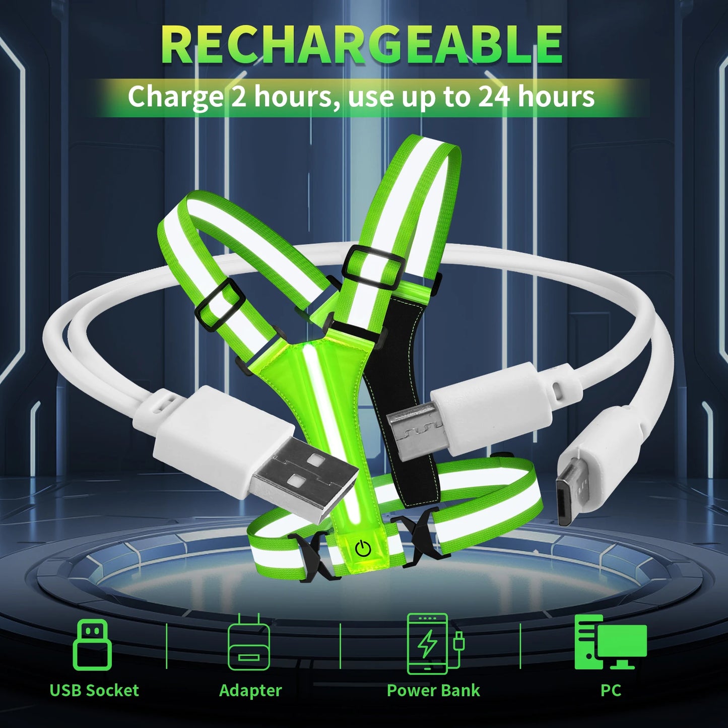 2 PCS Set 3 Colors Adjustable Reflective Security Vests Safety High Visibility Rechargeable Running Cloth For Outdoor Night Runners Cycling Sports