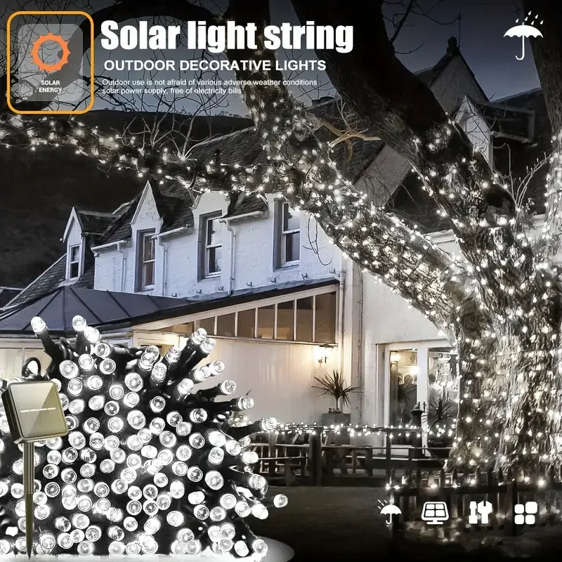 NEW Arrivals 12M-100LED Solar Powered LED String Lights for Outdoor Christmas Garden Patio Balcony 8 Lighting Modes Waterproof Flickering Effect Light Christmas New Year Eve Accessories Supplies