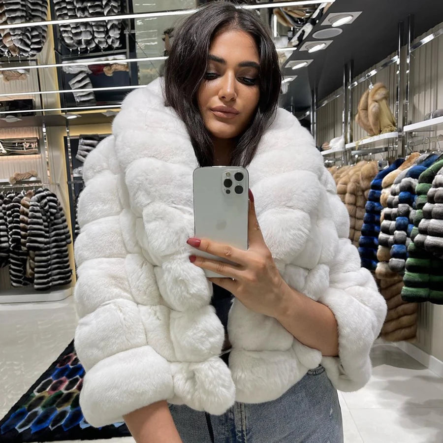 NEW Arrivals XS-4XL 6 Colors Winter Real Rabbit Fur Coat Women Real Fur Coat Female Luxury Natural Rabbit Fur Coat Best Selling High Quality Chinchilla Colors Girls Winter Fashion Clothing Supplies