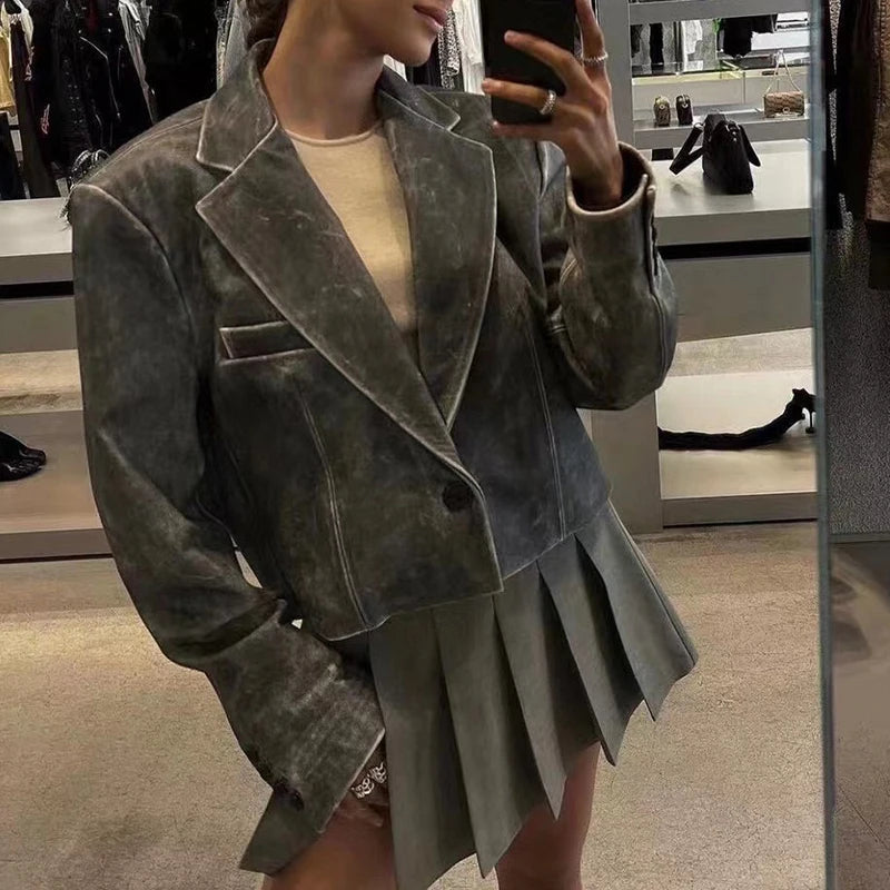 Genuine Leather Coat Women Autumn Winter New Fashion Two-Color Sheepskin Rub Color Retro Do The Old Short One-Button Suit Jacket