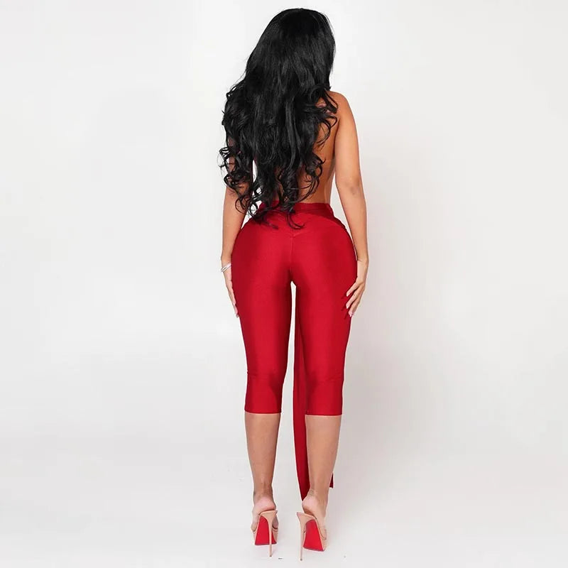 Black/Pink/Red Color Sexy Patchwork Halter Romper Women Ribbon Sleeveless Elastic Backless Workout Activewear Midnight Clubwear Prom Activity Slim Playsuits
