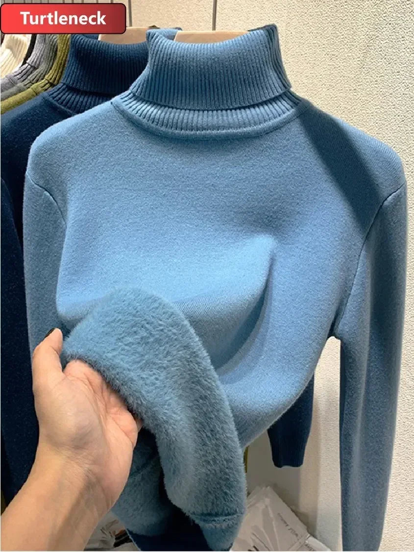 NEW Arrivals Sweater For Women Winter Thicken Turtleneck Slim Knit Pullover New Warm Plush Velvet Lined Knitwear Jumper Tops Casual Female Girls Luxury Fashion Clothing Supplies