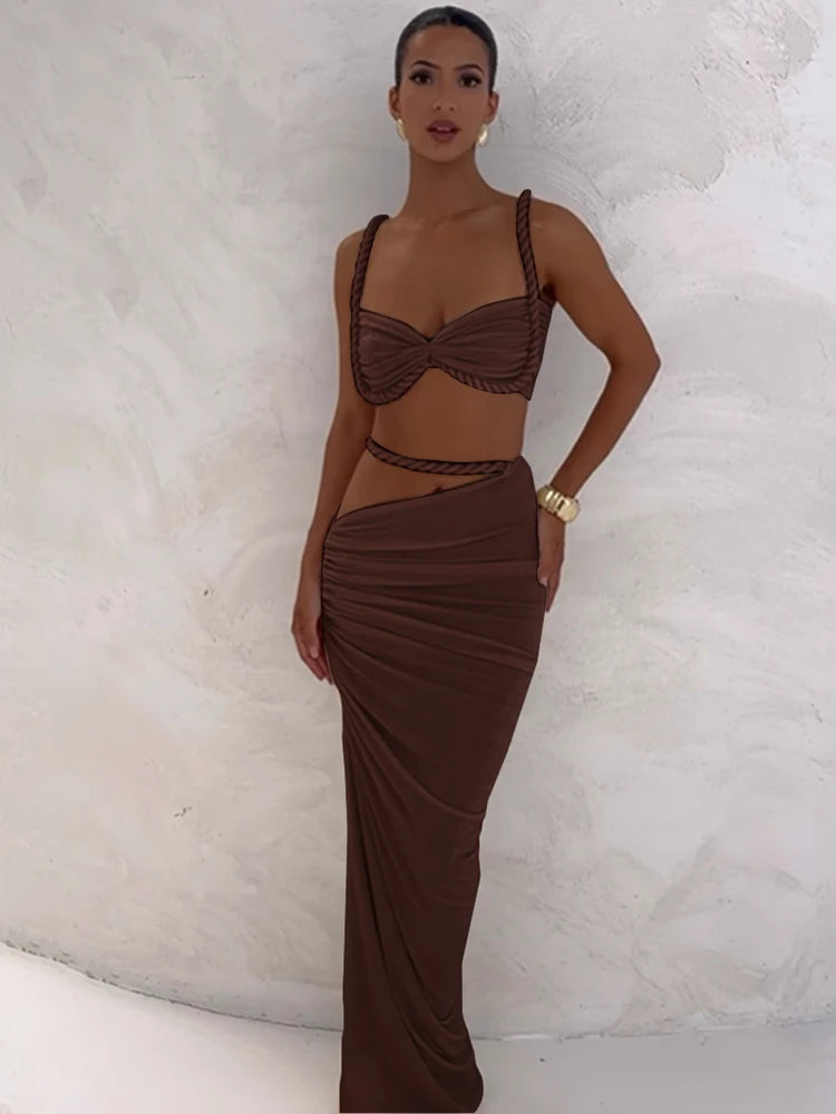 NEW 2PCS Set S-XL UK Size 12 Colors Italian Design Square Collar  Women Bra +Skinny Long Skirts Bandage Ruched  Summer Vacation Beach Party Trend Suits