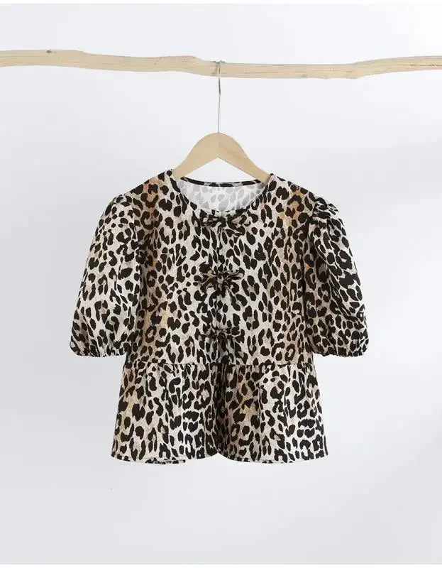 Leopard Print Shirt For Women Bow Lace Up O-neck Short Puff Sleeve Female T-shirt Summer Fashion All-match Street Lady Tops