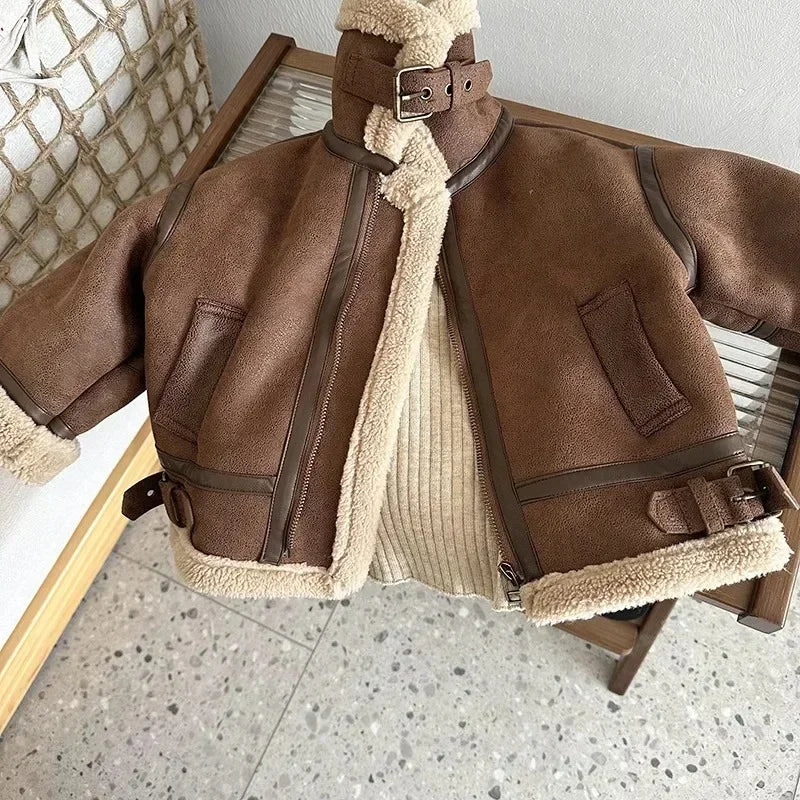 4-6 Years Old Children Leather Velvet Warm Jackets Fashion Baby Kids Fleece Outwear Korean Boys Girls Zipper Thickness Suede Coat Winter Warm Jackets Kids Apparel Winter Clothes Supplies