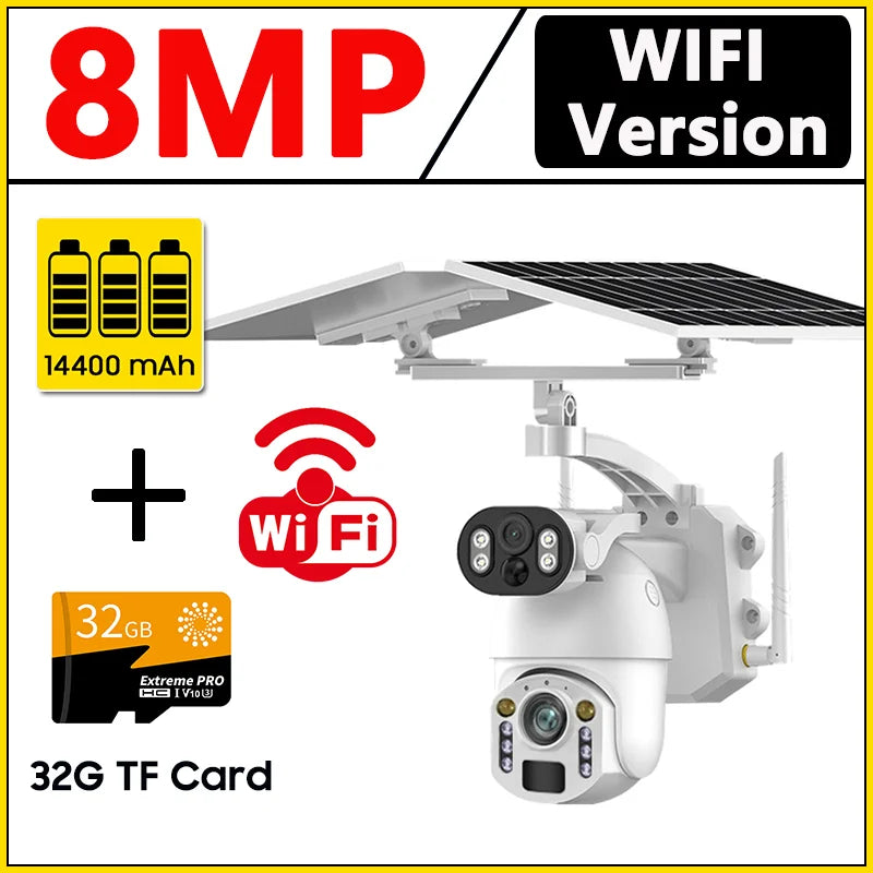 NEW 4K 8MP 50X Optical Zoom Solar Camera 4G Sim/Wi-Fi PTZ Dual Lens Recording Humanoid Tracking Outdoor Waterproof IP Security Camera Home Office Factory Anti-Burglary Systems
